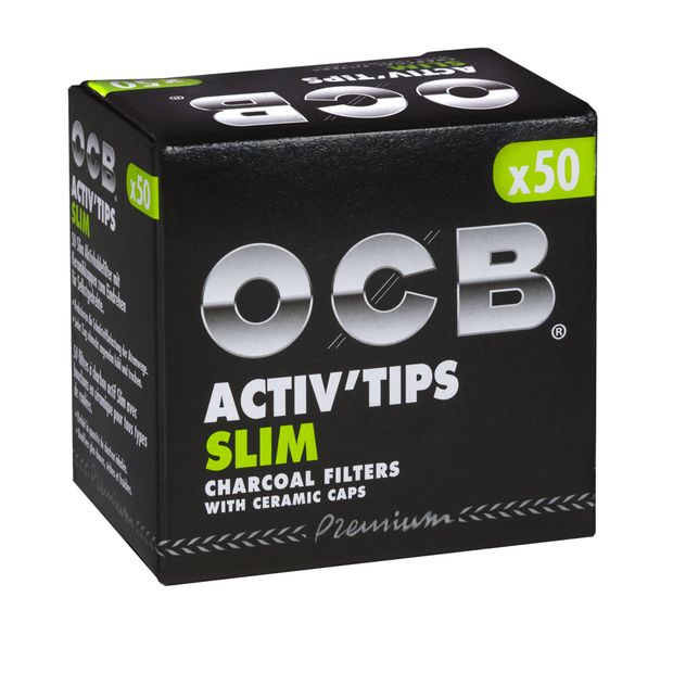 OCB ActivTips SLIM Charcoal filters with ceramic caps 1 Package (50 filtertips)