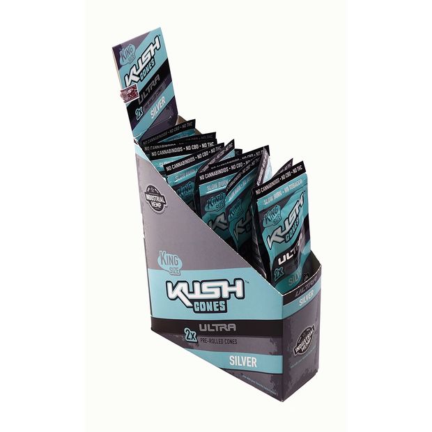 1 Box KUSH Cones Herbal Wraps Ultra Slow Burn, SILVER, Hemp - no Tobacco!