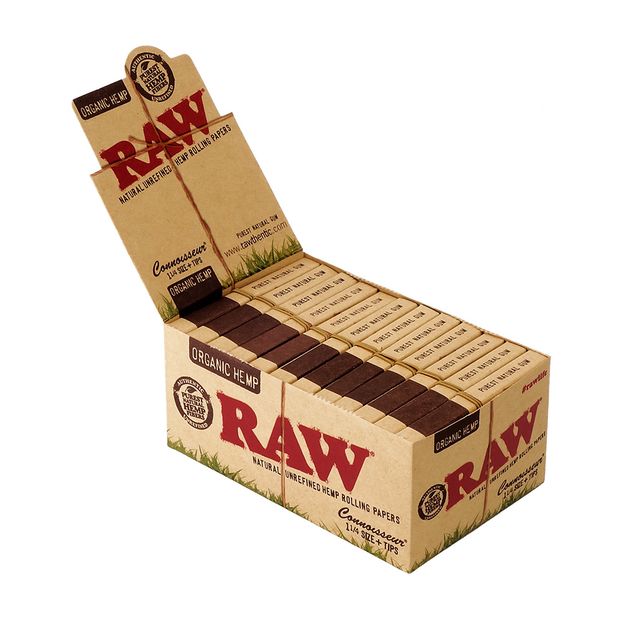 RAW Organic Hemp Connoisseur 1  Papers + Tips, 50 Hemp-Papers + 50 Tips per Booklet