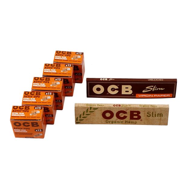 Bargain pack with 5x OCB Virgin activated carbon filters + 1x OCB Virgin KS Slim Papers + 1x OCB Organic Hemp KS Slim Papers