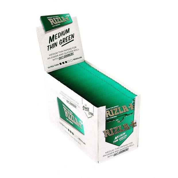 Rizla Green Medium Thin, Regular Cigarette Paper, Cut Corners, 100 Booklets Per Box