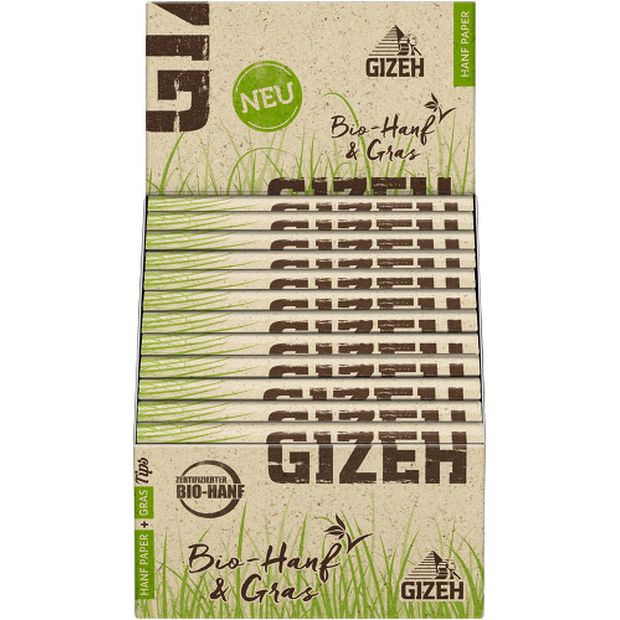 GIZEH Organic Hemp + Grass King Size Slim Papers + Tips, unbleached, 34 papers per booklet