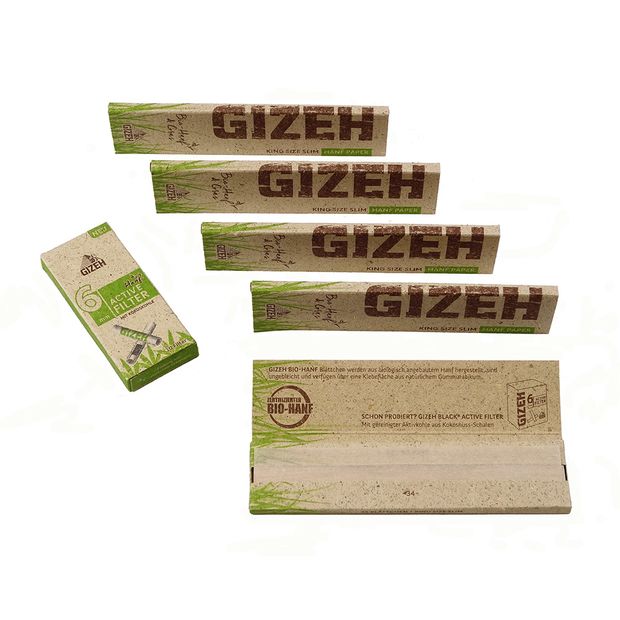Bargain Pack: 5x GIZEH Organic Hemp + Grass King Size Slim Papers + 1x Organic Hemp Active Slim Filter with activated carbon