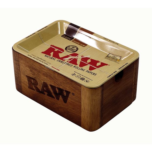 RAW Cache Box Mini, kompakte Holzaufbewahrungsbox mit Roll-Unterlage aus Metall