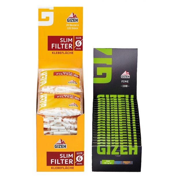 Bargain pack: 1 display GIZEH Slim Filters, 6 mm with gumline + 2 boxes GIZEH Fine Magnet Regular Papers