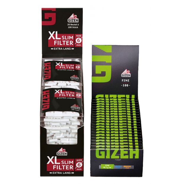 Bargain pack: 1 display GIZEH XL Slim Filters, 6 x 19 mm + 2 boxes GIZEH Fine Magnet Regular Papers