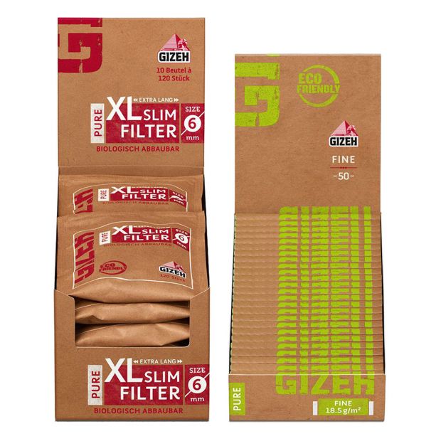 Bargain pack: 1 display GIZEH Pure XL Slim filters, biodegradable + 2 boxes GIZEH Pure Fine Regular Papers
