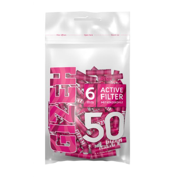 GIZEH Pink Active Filter 6 mm, 50 filters per bag, pink stripe-design 5 bags (250 filters)