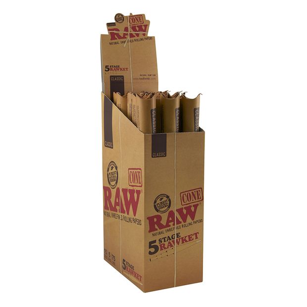 RAW 5 Stage RAWket pre-rolled Cones in 5 different Sizes 1 display/15 pcks/75 cones