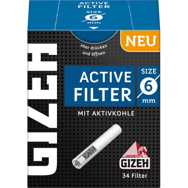 GIZEH Active Filter with activated charcoal, SLIM-format 6 mm diameter, 34 per Package 4 packages