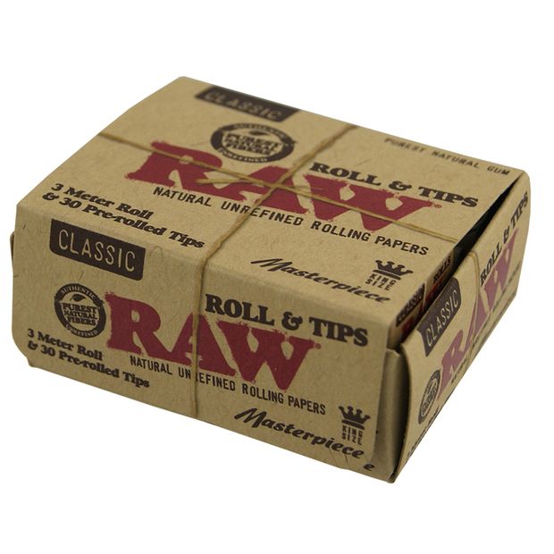 RAW Masterpiece Classic Rolls & Tips, 3 meters King Size Roll + 30 pre-rolled Tips 2 packages