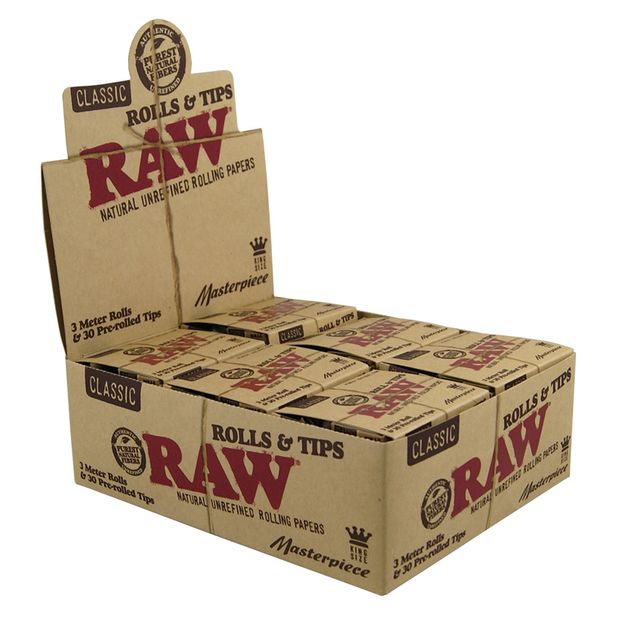 RAW Masterpiece Classic Rolls & Tips, 3 meters King Size Roll + 30 pre-rolled Tips 2 boxes (24 packages)