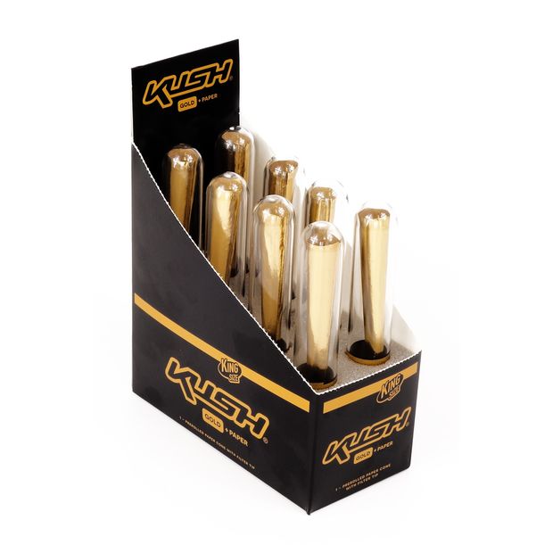 KUSH Gold + Paper, vorgerollte King Size Cones mit Filtertips, echtes Blattgold! 1 Box (8 Cones)