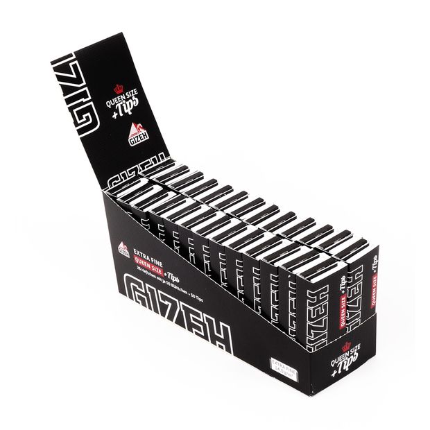 GIZEH Black Queen Size Papers + Tips, 50 dünne 1 ¼ Blättchen und perforierte Tips pro Heftchen 3 Boxen (78 Heftchen)