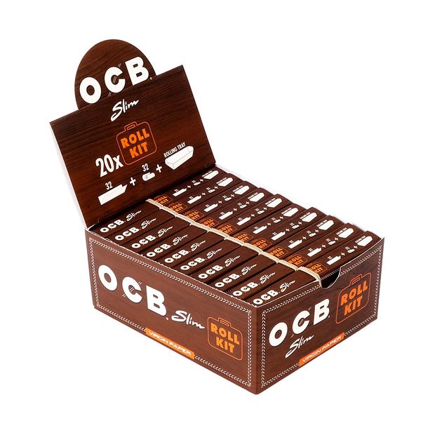 OCB Slim Roll Kit Virgin Paper, 32 King Size Slim Papers + 32 Tips + 1 Rolling Tray 1 box (20 booklets)