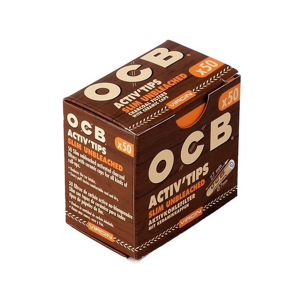 OCB Virgin ActivTips Slim, unbleached Charcoal Filters with Ceramic Caps 1 package (50 filters)