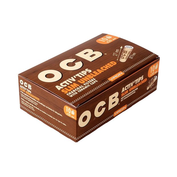OCB Virgin ActivTips Slim, ungebleichte Aktivkohlefilter mit Keramikkappen 1 Box (10 Packungen)