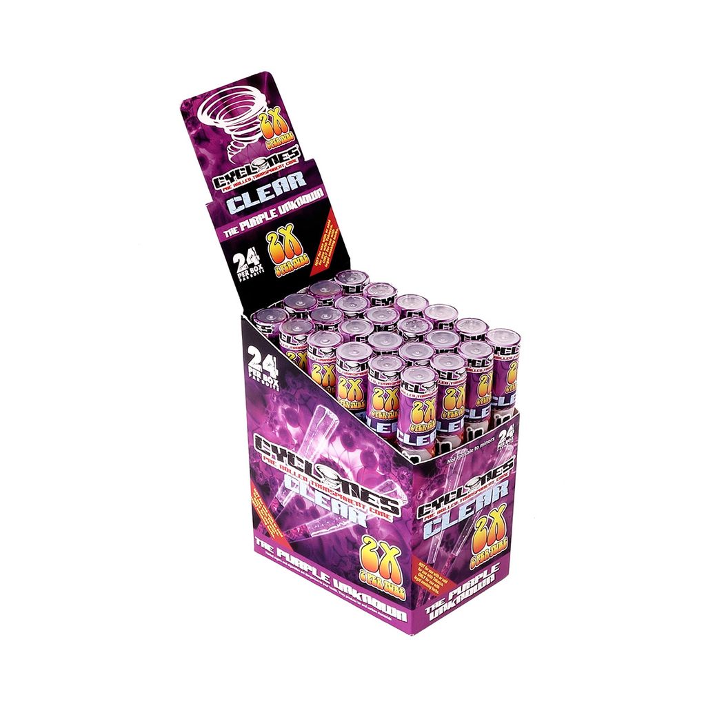 Full Box 24 Purple Unknown Flavored Pre-Rolled Cones Clear Non Tobacco CYCLONES 