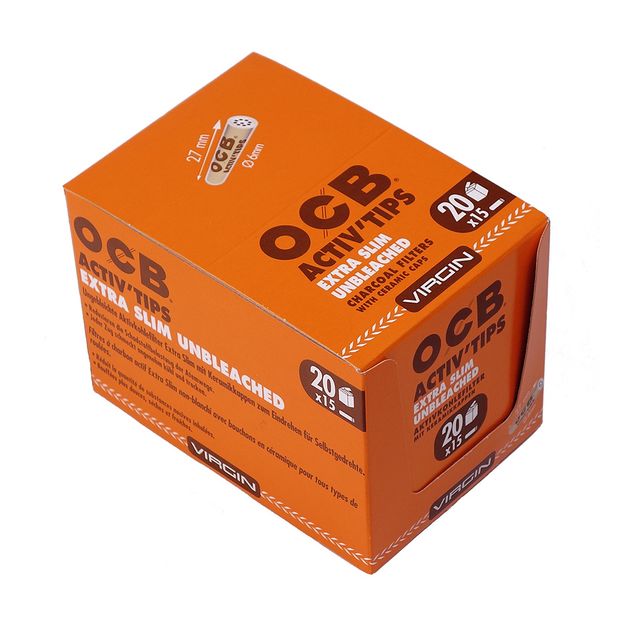 OCB Virgin ActivTips Extra Slim, unbleached activated carbon filter, compact travel format 2 boxes (40 packages)