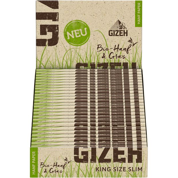 GIZEH Organic Hemp + Grass King Size Slim Papers, unbleached, 34 papers per booklet 1 Box (25 booklets)