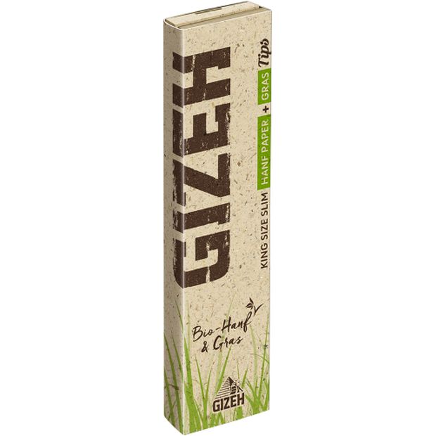 GIZEH Organic Hemp + Grass King Size Slim Papers + Tips, unbleached, 34 papers per booklet 12 booklets