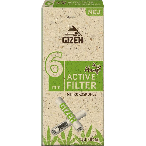 GIZEH Bio Hemp Active filter with activated carbon, slim format, 6 mm diameter, 10 pieces per package 5 packages (50 filters)