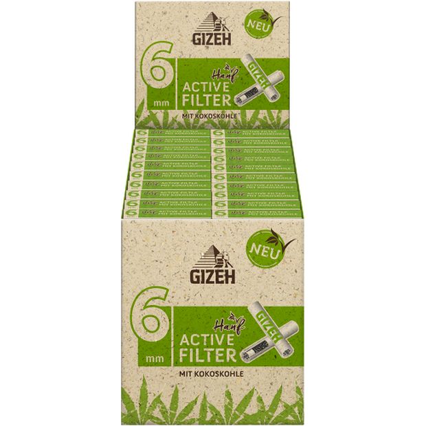 GIZEH Bio Hemp Active filter with activated carbon, slim format, 6 mm diameter, 10 pieces per package 1 box (20 packages)