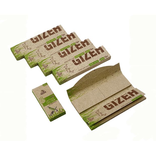 Bargain Pack: 5x GIZEH Organic Hemp + Grass King Size Slim Papers+Tips + 1x Organic Hemp Active Slim Filter