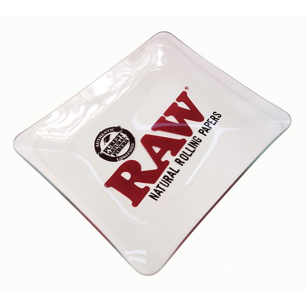 RAW Glass Rolling Tray, rolling tray made of shatterproof glass with RAW logo