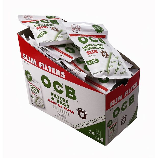 OCB Paper Filter Slim 6mm, environmentally friendly paper filters in paper bags 1 box (34 bags)