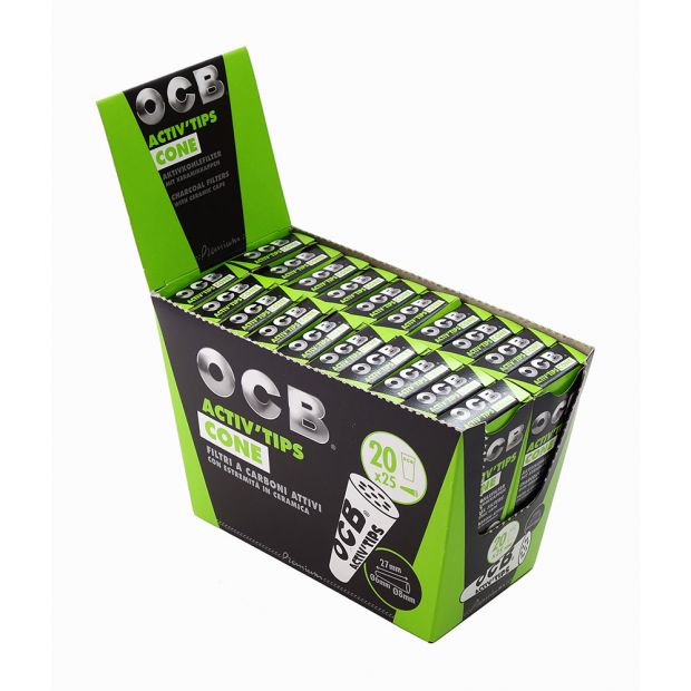 OCB ActivTips CONE Charcoal, cone-shaped carbon filters with ceramic caps 1 box (20 packages)