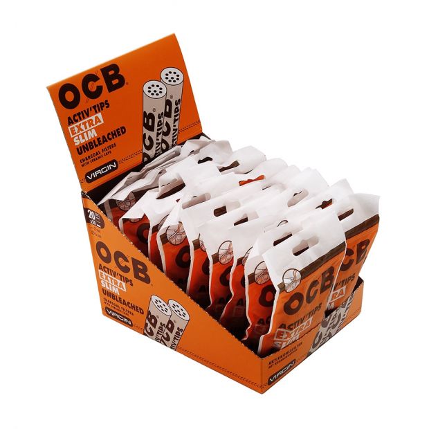 OCB ActivTips Extra Slim Unbleached charcoal filters with ceramic caps, 50 pieces per bag