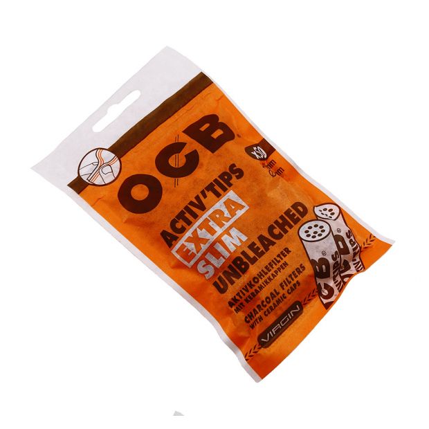 OCB ActivTips Extra Slim Unbleached charcoal filters with ceramic caps, 50 pieces per bag 5 bags (250 filters)