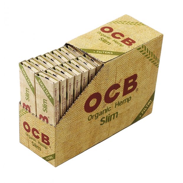 OCB Organic Hemp Slim + Tips, 32 King Size Slim Papers + 32 Slim Tips per booklet 1 box (32 booklets)
