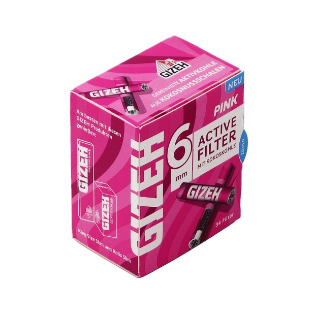 GIZEH Pink Active Filter Slim, filled with coconut charcoal, pink design 1 package (34 filters)