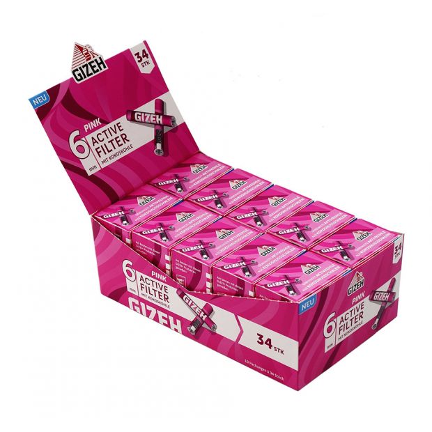 GIZEH Pink Active Filter Slim, filled with coconut charcoal, pink design 3 boxes (30 packages)