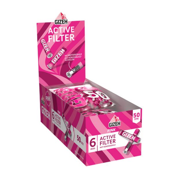 GIZEH Pink Active Filter 6 mm, 50 filters per bag, pink stripe-design 3 boxes (30 bags)